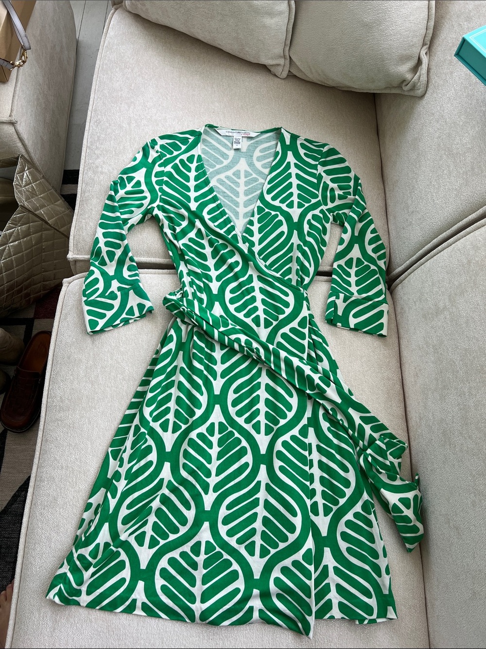 Diane Von Furstenberg Green and White Leaf-Print Wrap Midi Dress